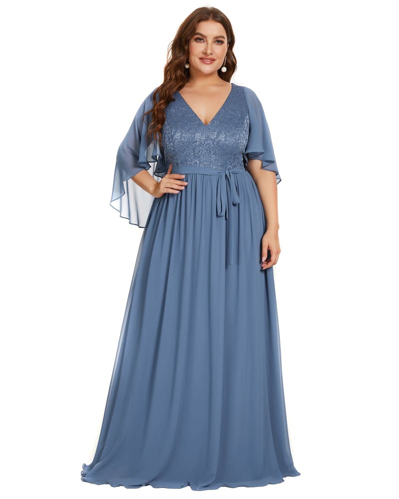 Front of a model wearing a size 20 Deep V Neck Lace Bodice Long Flowy Evening Dress in Dusty Navy by Ever-Pretty. | dia_product_style_image_id:304695